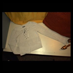 Express Lace Up Cropped Gray Sweater